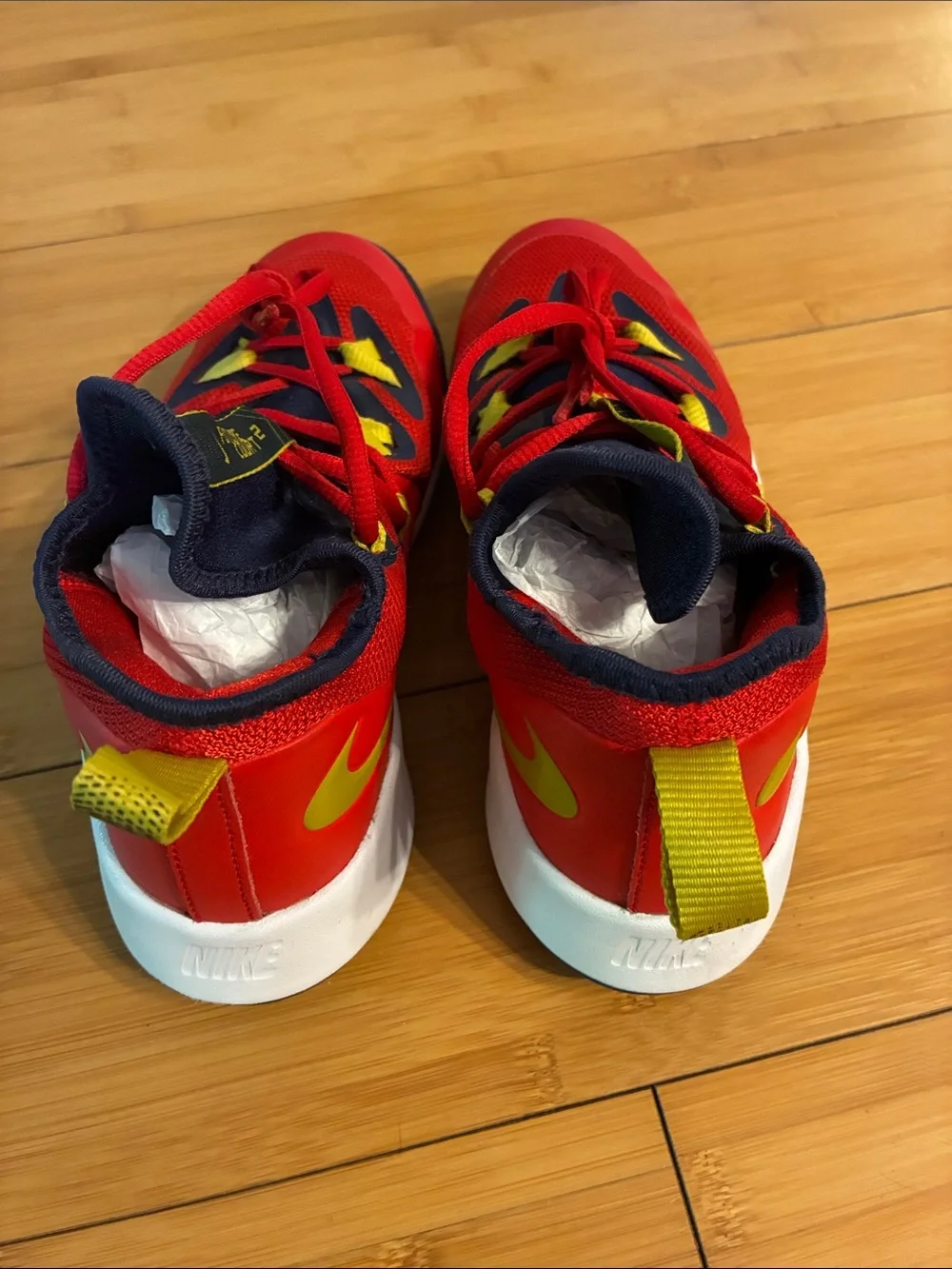 Nike Future Court 2 Kids Red Sneakers with Yellow Accents Youth 4Y